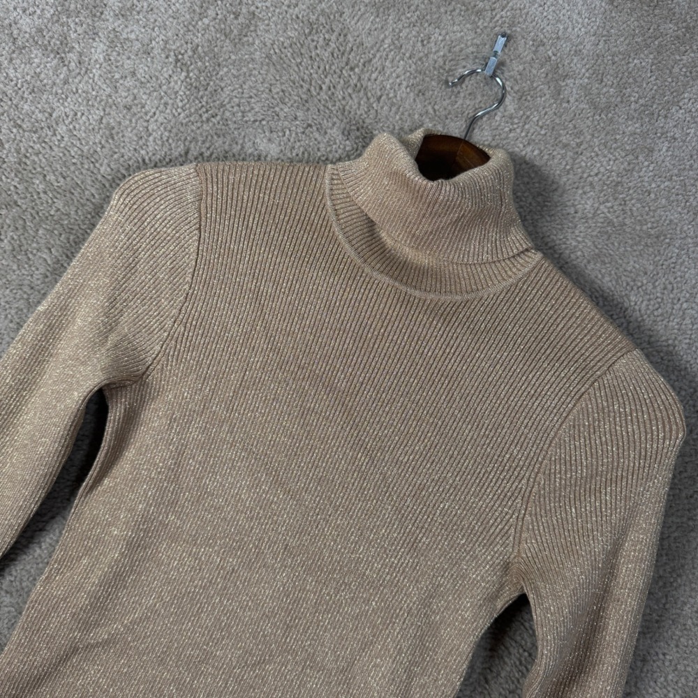 Lauren Ralph Lauren Turtleneck Women Medium Gold Metallic Rib Knit Sweater